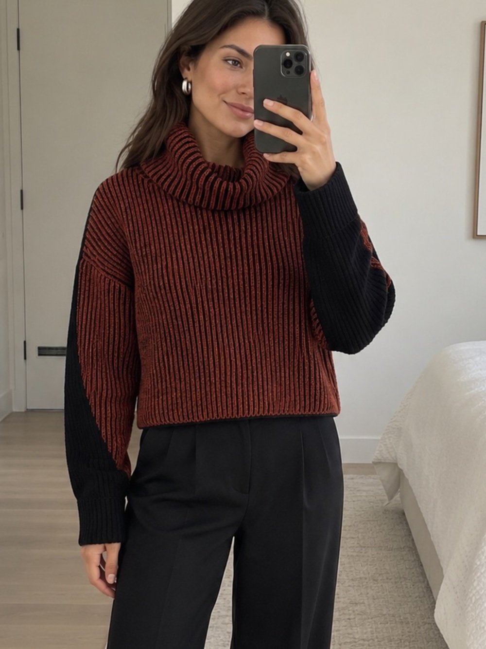 Topshop Rust Black Colorblock Cowl Neck Ribbed Sweater Wool Blend XS